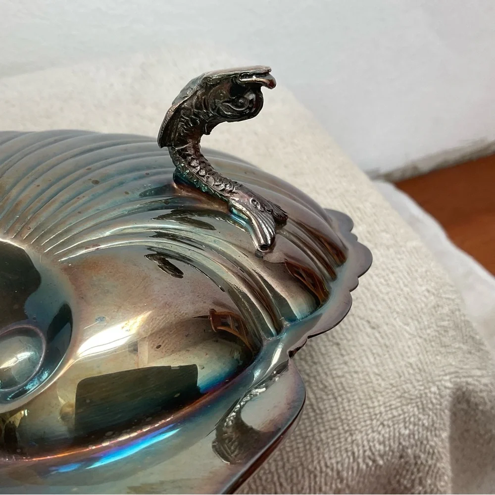 Vintage Silver Plated Shell Trinket Dish Fish Feet Ring Jewelery Holder Decor